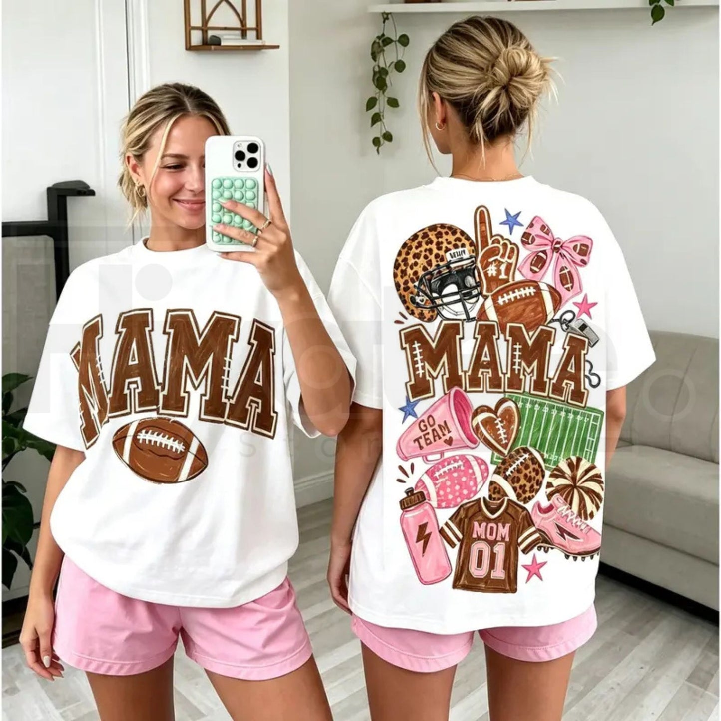 Mama Football T-Shirt – Coquette Bow & Leopard Print Game Day Tee, Double-Sided Sports Mom Shirt