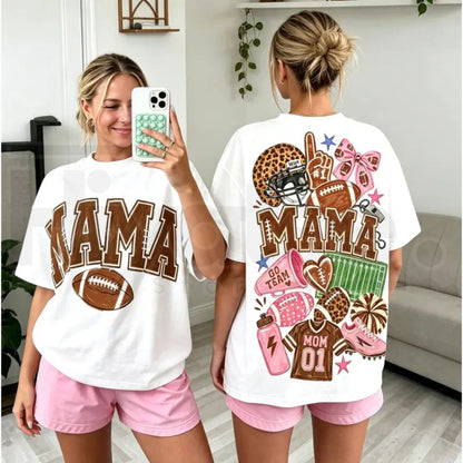 Mama Football T-Shirt – Coquette Bow & Leopard Print Game Day Tee, Double-Sided Sports Mom Shirt
