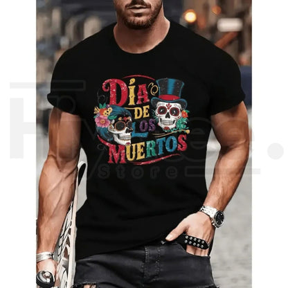 Men's Day of the Dead Graphic T-Shirt – Sugar Skull & Floral Print Tee