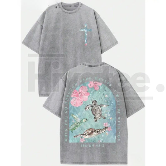 Sea Turtle "I Will Be With You" Vintage Washed T-Shirt – Oversized Pure Cotton Streetwear