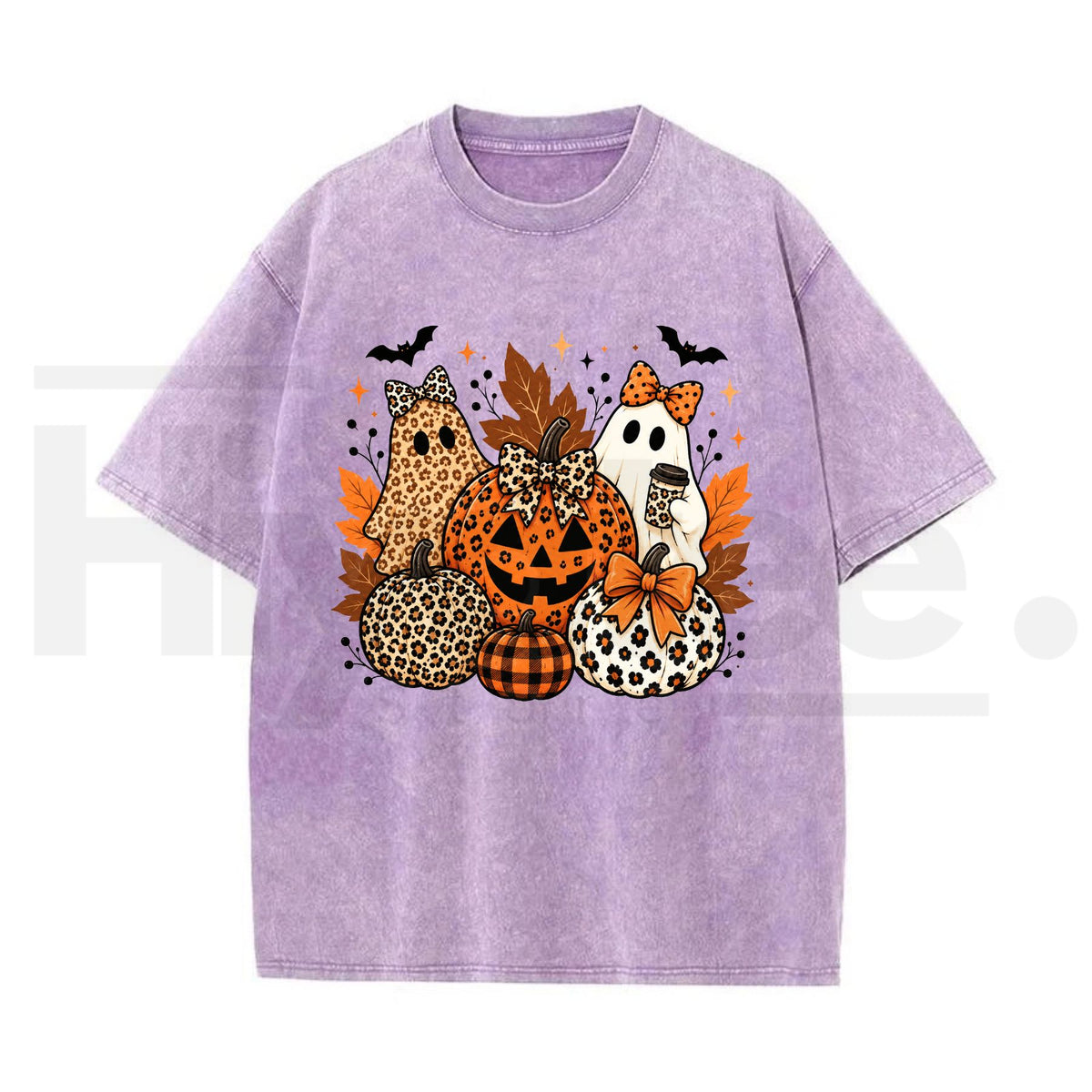 Leopard Bow Ghost Pumpkin Halloween Oversized T-Shirt – Vintage Washed Fall Graphic Tee for Women & Men