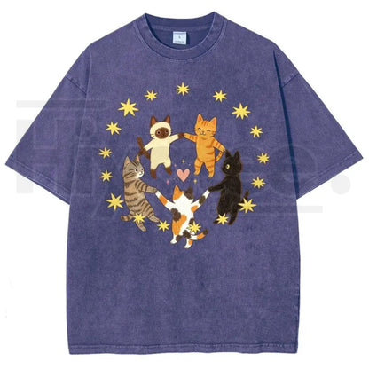 Five Holding Hands Circle Cats Yellow Star Heart Vintage Washed Tee – Y2K Aesthetic Cute Graphic Shirt