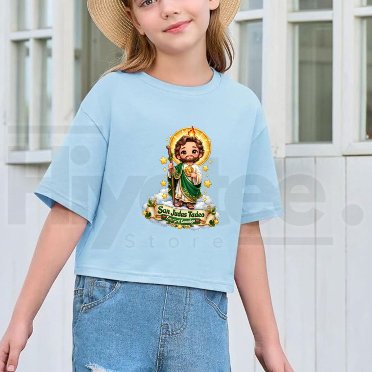 San Judas Tadeo Siempre Conmigo Kids T-Shirt – Cute Chibi Saint Jude Cloud Graphic Tee