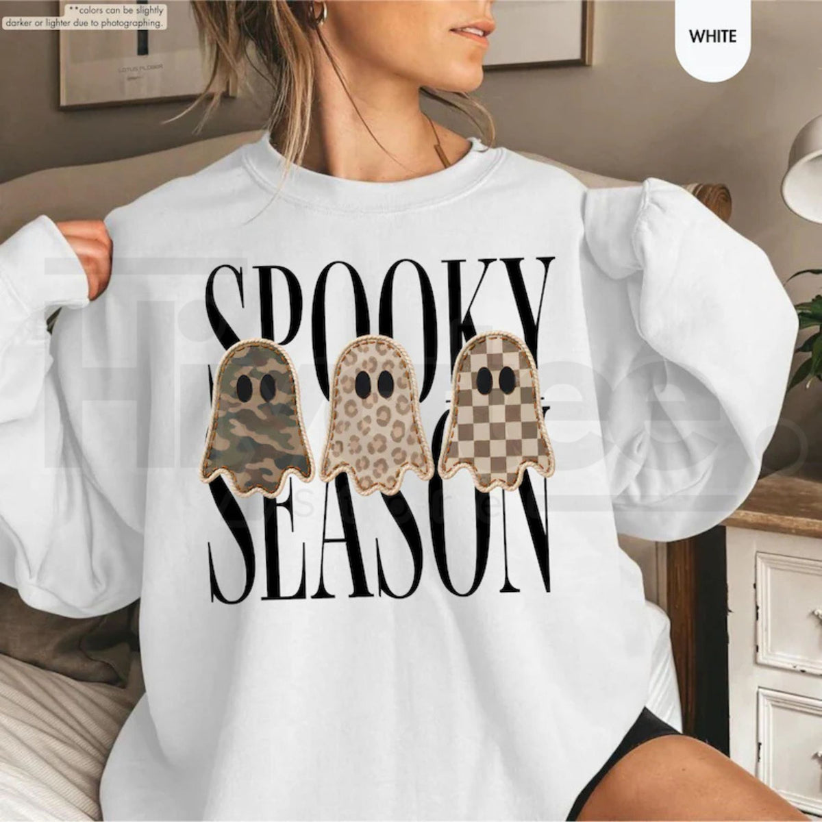 Spooky Season Sweatshirt – Leopard Ghost, Camo Ghost, Checkered Ghost Crewneck, Halloween Fall Gift