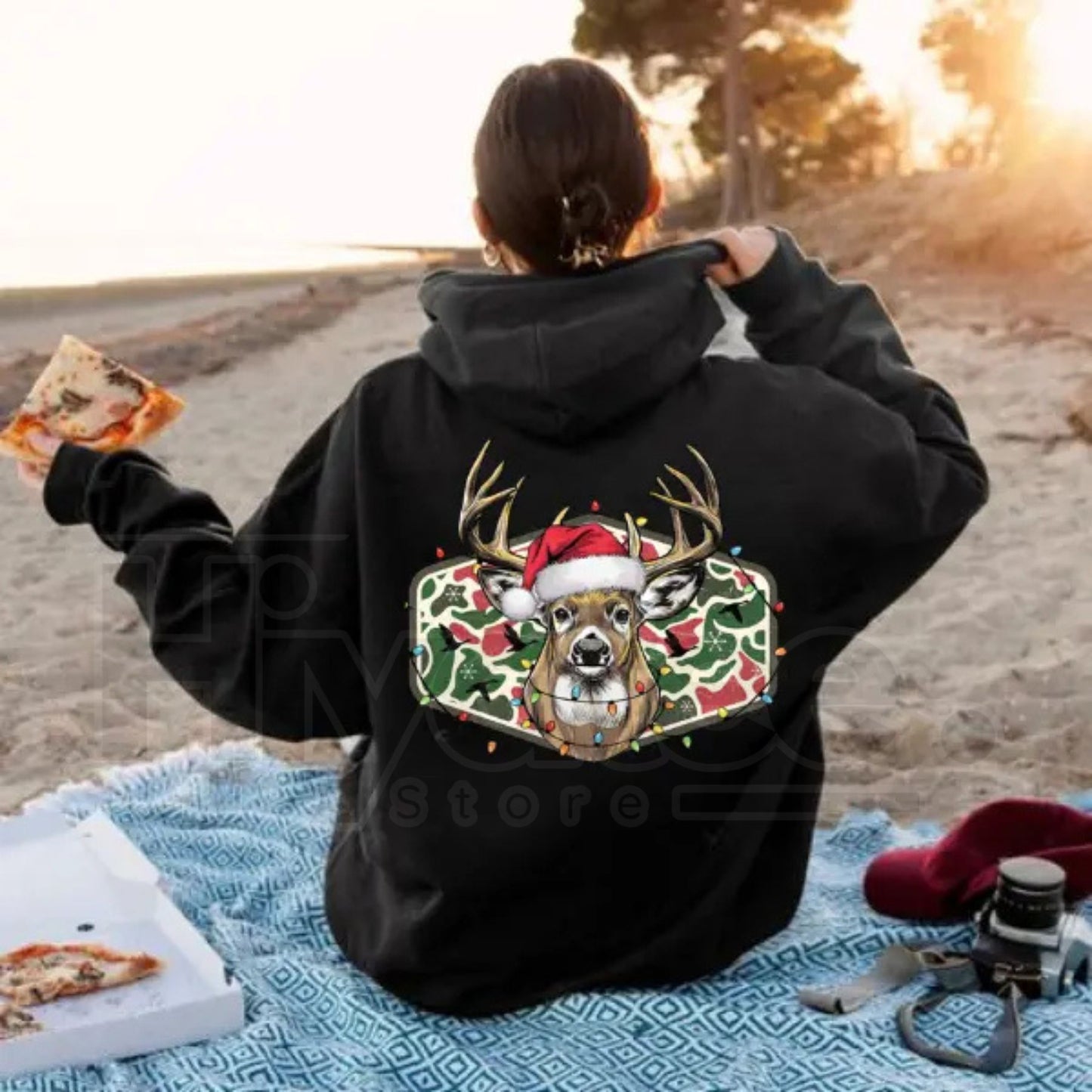 Christmas Deer Hunting Camo Hoodie – Funny Merry and Bright Holiday Deer Head Sublimation, Country Outdoors Pullover