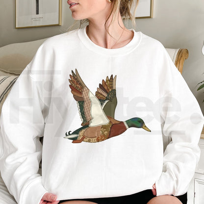 Retro Patchwork Mallard Duck Pattern Sweatshirt, Vintage Cabin Graphic Pullover