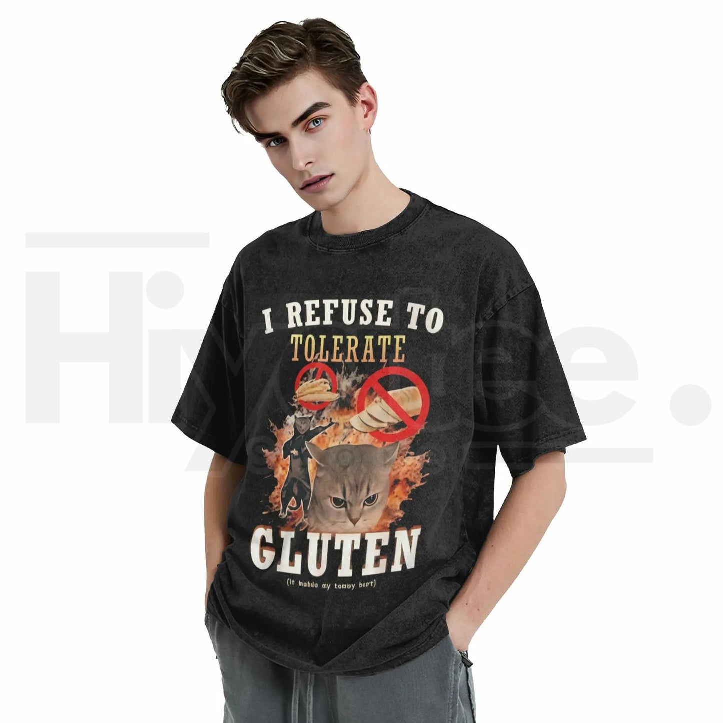 Sassy Cat "Gluten Free" Vintage Washed Tee – 230G Heavy Cotton Oversized Meme Top