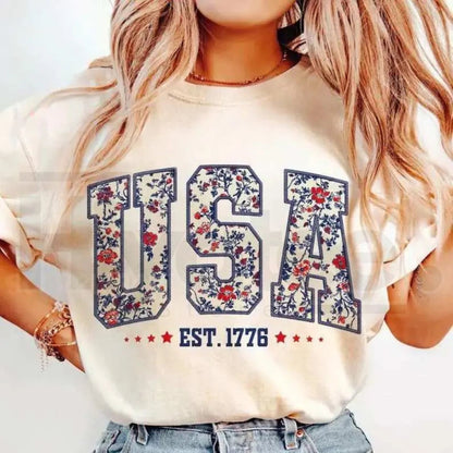 Comfort Colors® Floral USA Shirt – Retro Botanical Patriotic Digital Print Tee