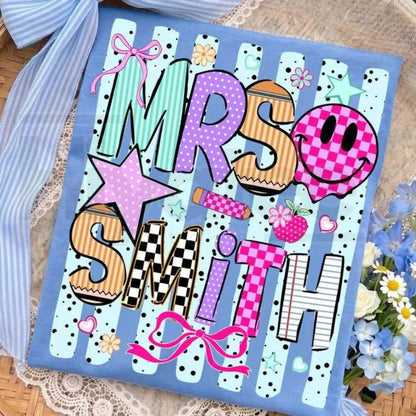 Comfort Colors Personalized Teacher Name Striped Neon Coquette Bow Tee