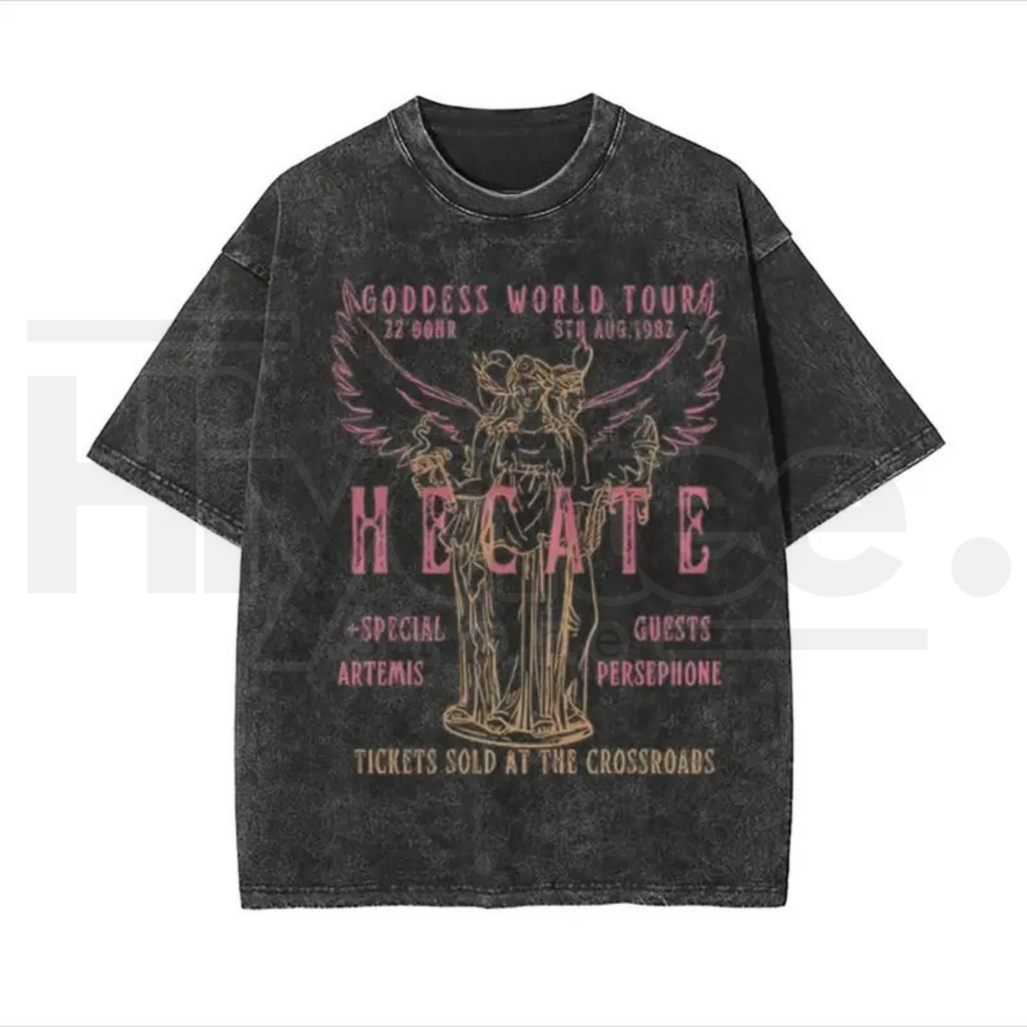 Hecate Goddess World Tour Oversized Cotton Graphic Tee – Vintage Wash Dark Academia Witchy Shirt