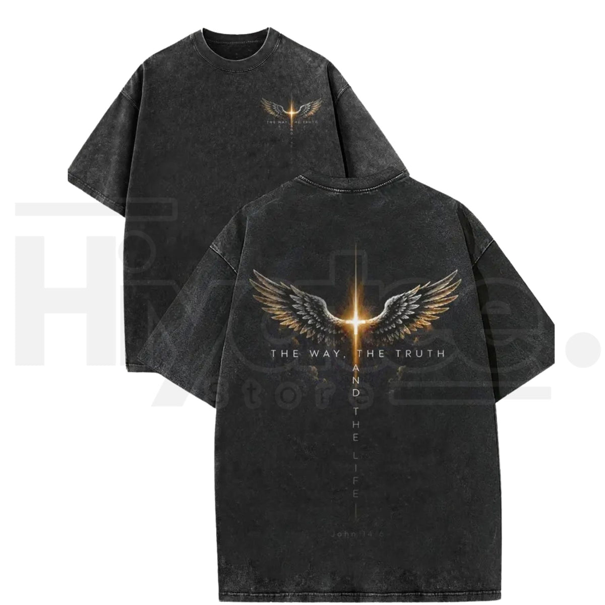 Glowing Cross Angel Wings Christian T-Shirt – Vintage Washed John Gospel Faith Graphic Tee