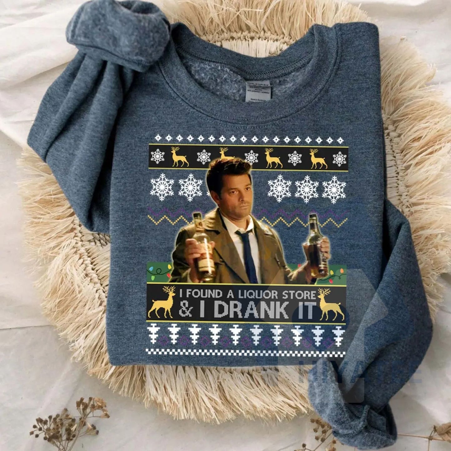 "I Found A Liquor Store And I Drank It" Ugly Sweater: Supernatural Moments Quote Shirt, Funny Christmas Fan Gift