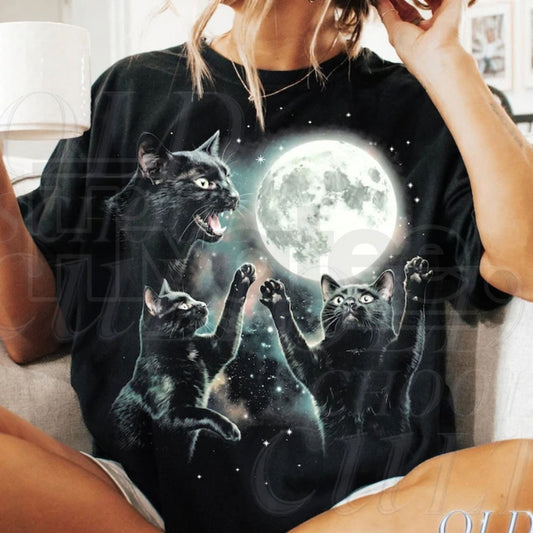 Comfort Colors Vintage Black Cat Moon Celestial Tee