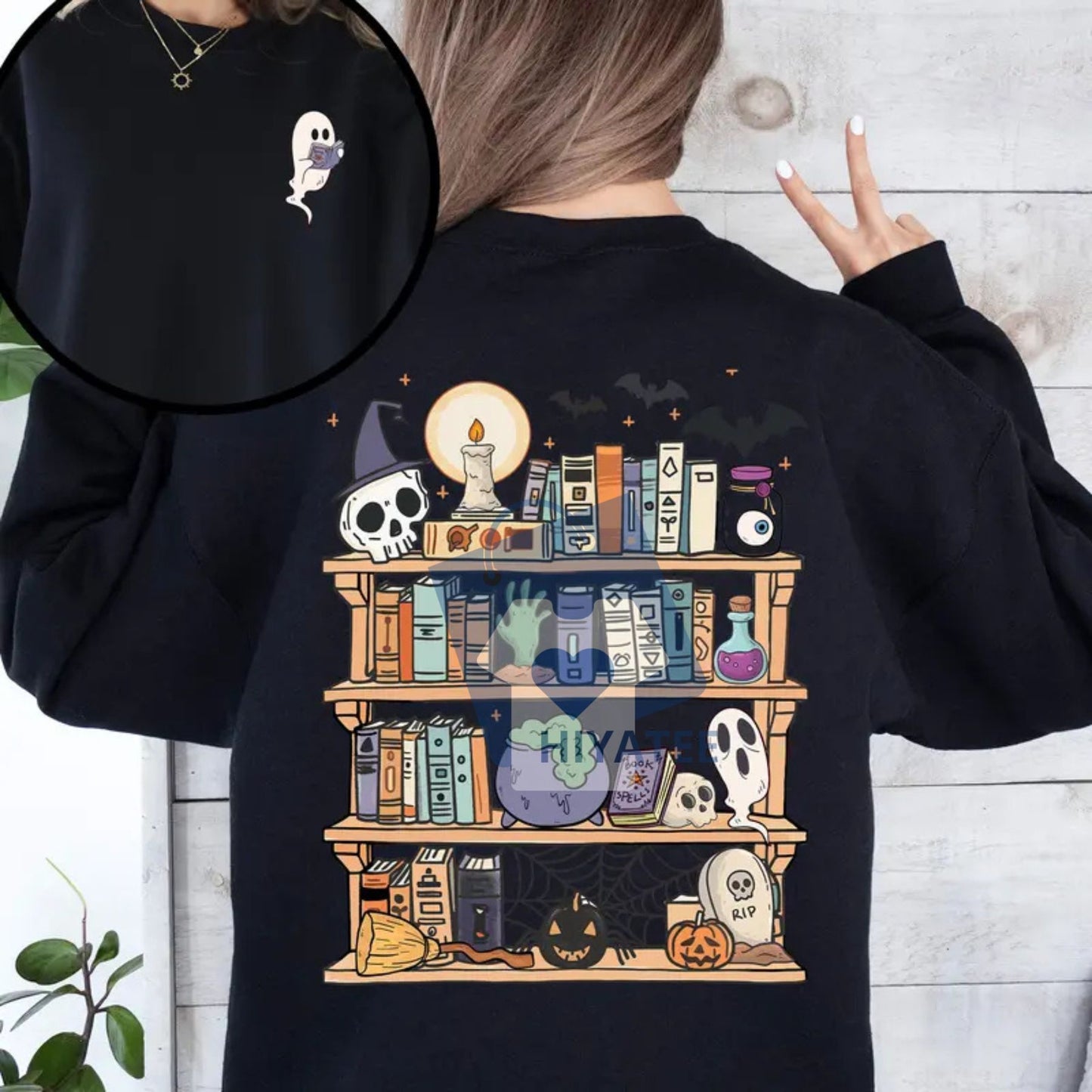 Reading Ghost Sweatshirt – Spooky Halloween Library Crewneck for Teachers & Book Lovers, Cute Front & Back Design