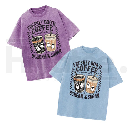 Holafish Funny Scream & Sugar Ghost Coffee T-Shirt – Retro Washed Oversized Fall Graphic Cotton Tee