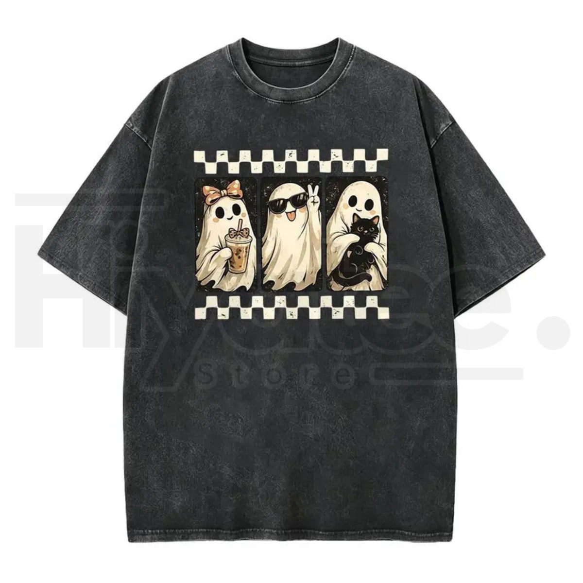 Spooky Theme Halloween Black Cat & Ghost Collage T-Shirt – Vintage Acid Wash Fall Graphic Cotton Tee