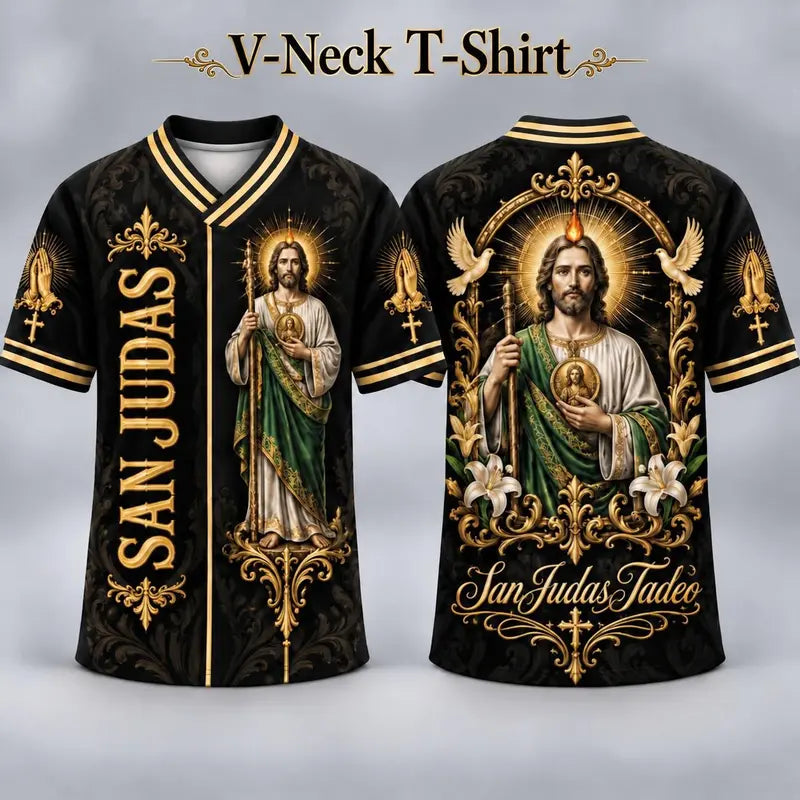 Men's San Judas Tadeo Graphic V-Neck Shirt & Baseball Jersey Style Top