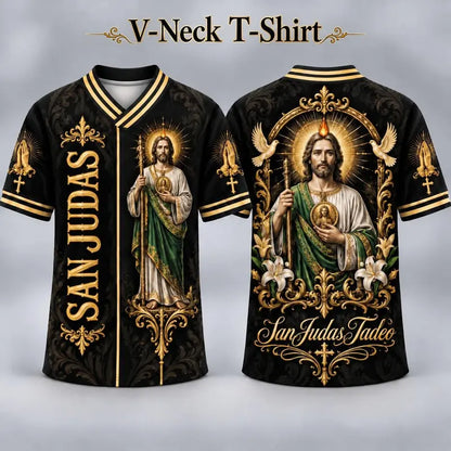 Men's San Judas Tadeo Graphic V-Neck Shirt & Baseball Jersey Style Top