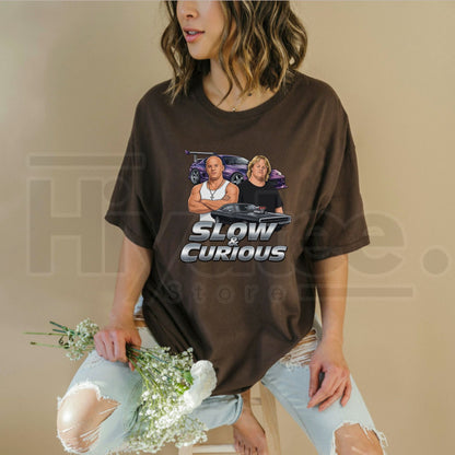 Slow & Curious Funny Parody T-Shirt – Vintage Car Enthusiast Graphic Tee