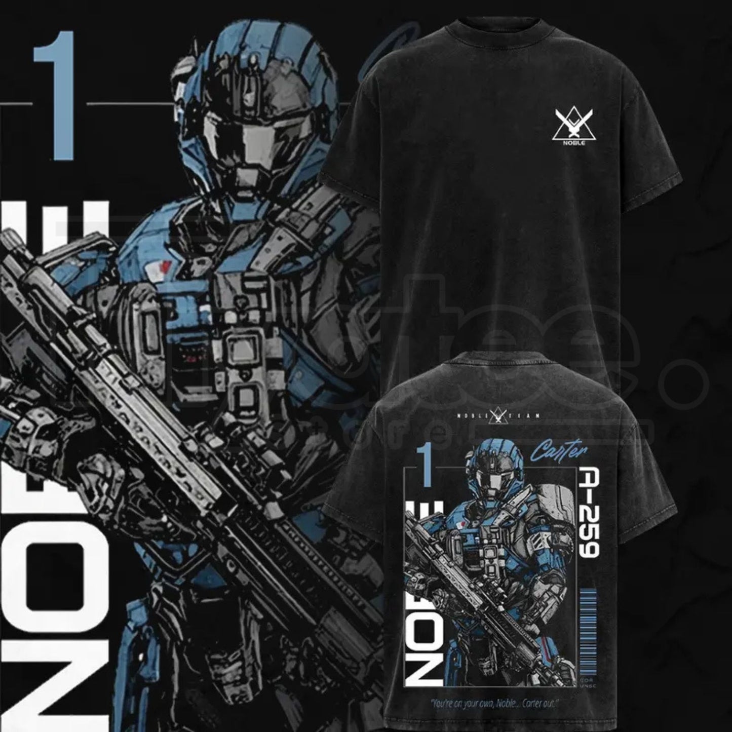 Noble Team V3 Halo Reach Double Printed Acid Washed Tee – Vintage Gaming Graphic T-Shirt