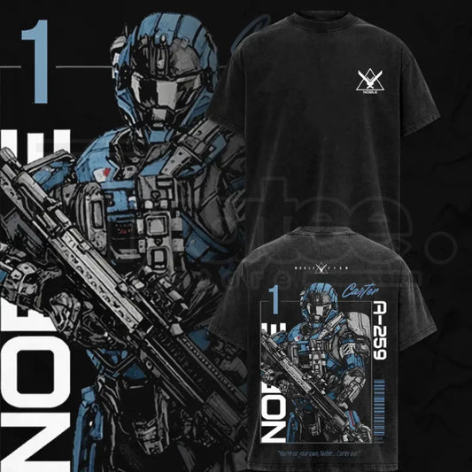 Noble Team V3 Halo Reach Double Printed Acid Washed Tee – Vintage Gaming Graphic T-Shirt