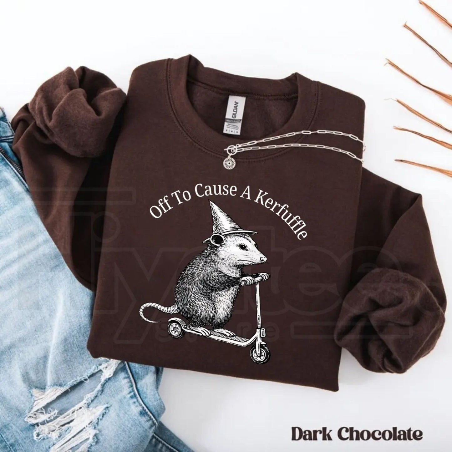 Off To Cause A Kerfuffle Sweatshirt: Funny Opossum Scooter Mental Health Sweater