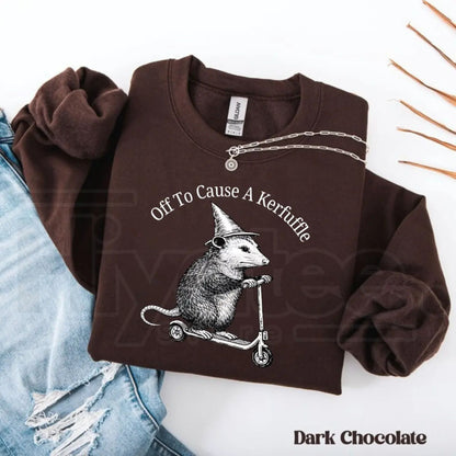 Off To Cause A Kerfuffle Sweatshirt: Funny Opossum Scooter Mental Health Sweater
