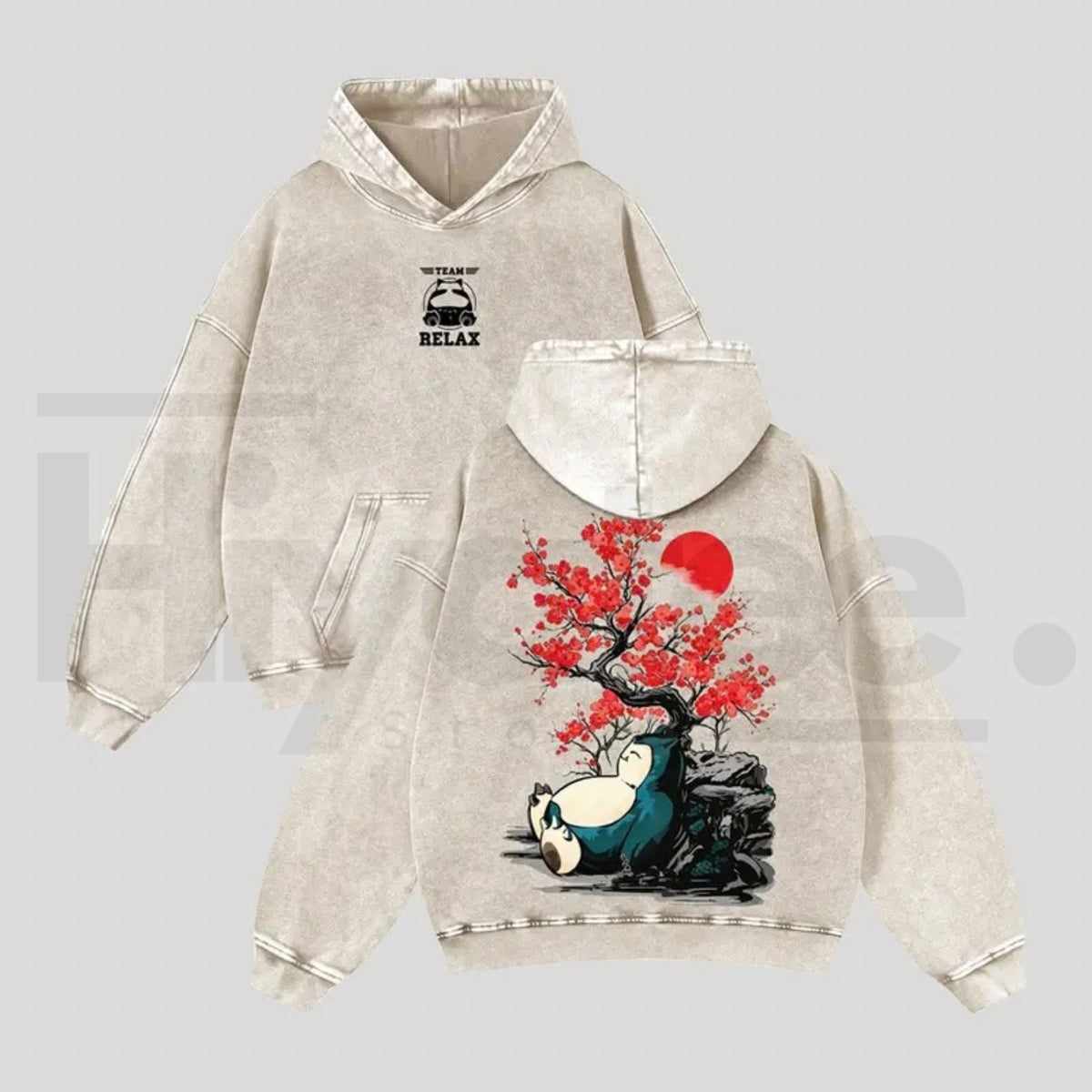 Japanese Red Plum Blossoms & Plump Beast Hoodie – Ink-Wash Art, Y2K Vintage Washed