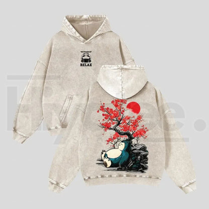 Japanese Red Plum Blossoms & Plump Beast Hoodie – Ink-Wash Art, Y2K Vintage Washed