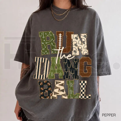 Patchwork Run The Dang Ball Shirt Leopard Football Mom Retro Game Day Tee