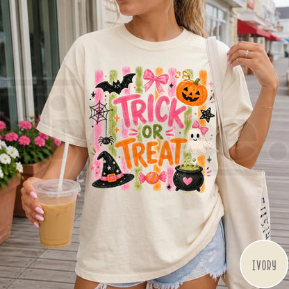 Comfort Colors Trick Or Treat Coquette Pink Halloween Tee
