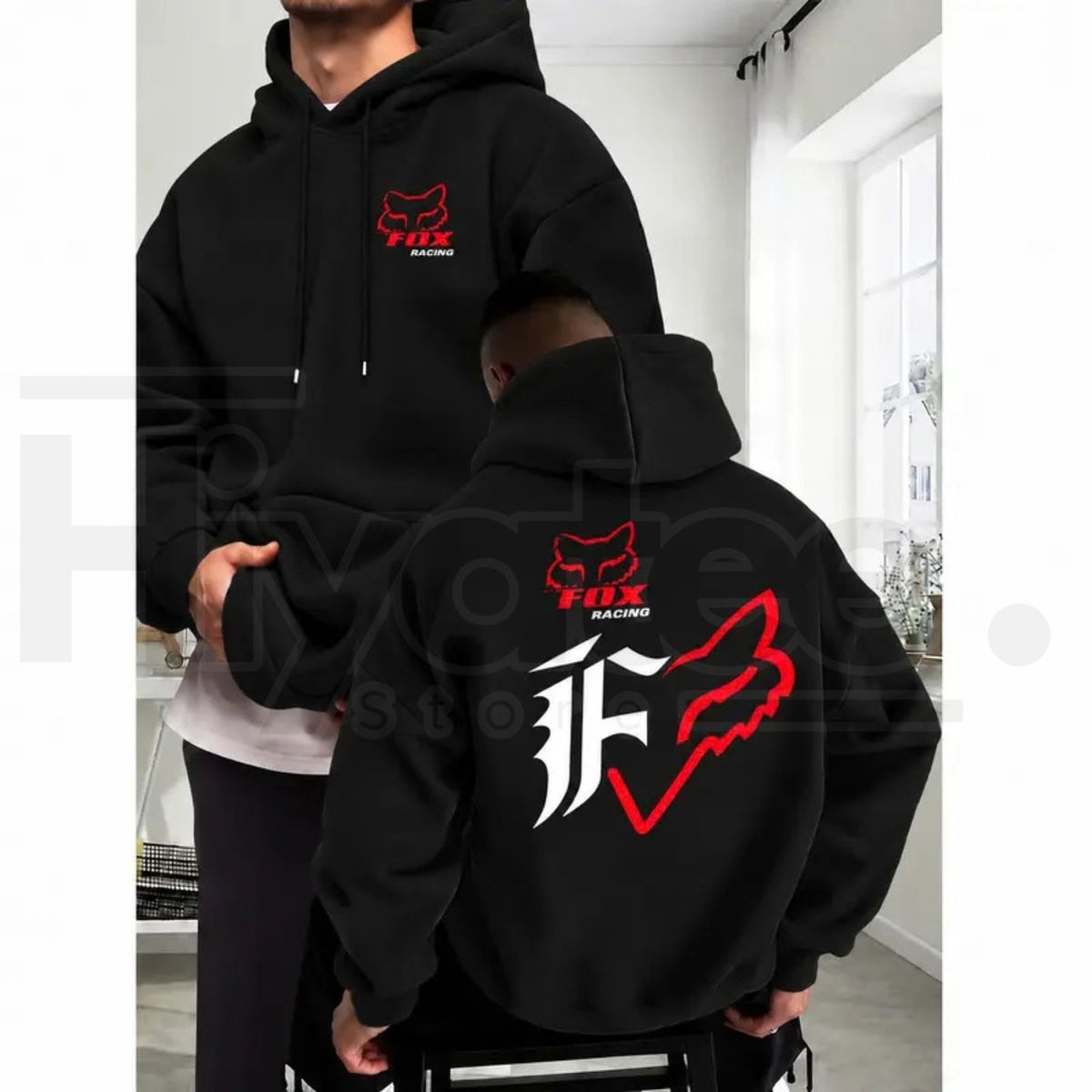 Men's Fleece Baggy Motorcycle Fox Print Hoodie – Dual-Sided Casual Long Sleeve Streetwear Pullover