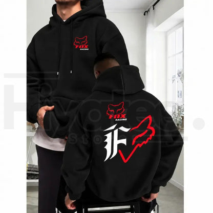 Men's Fleece Baggy Motorcycle Fox Print Hoodie – Dual-Sided Casual Long Sleeve Streetwear Pullover