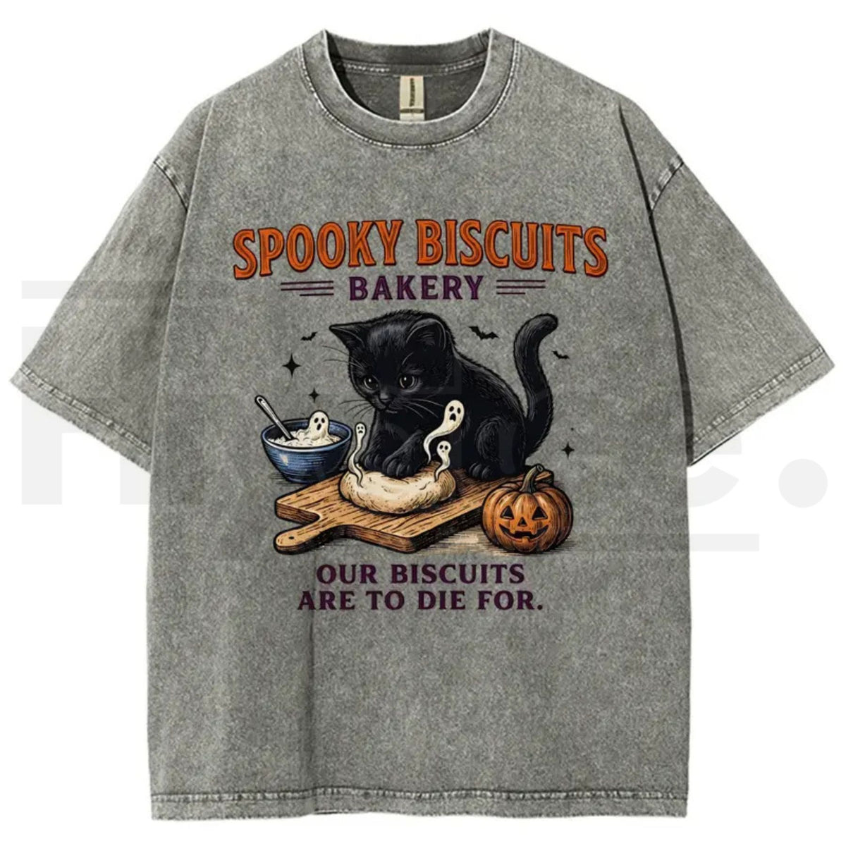 Men's Spooky Biscuits Black Cat Halloween T-Shirt – Vintage Brown Acid-Wash Oversized Cotton Tee