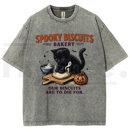 Men's Spooky Biscuits Black Cat Halloween T-Shirt – Vintage Brown Acid-Wash Oversized Cotton Tee