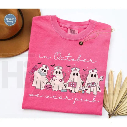 Comfort Colors Pink Ribbon Ghost Nurse Breast Cancer Tee