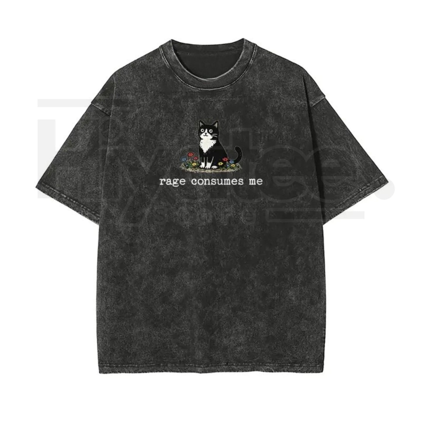 Funny Cat Meme Vintage Washed T-Shirt – “Rage Consumes Me” Oversized Cotton Graphic Tee