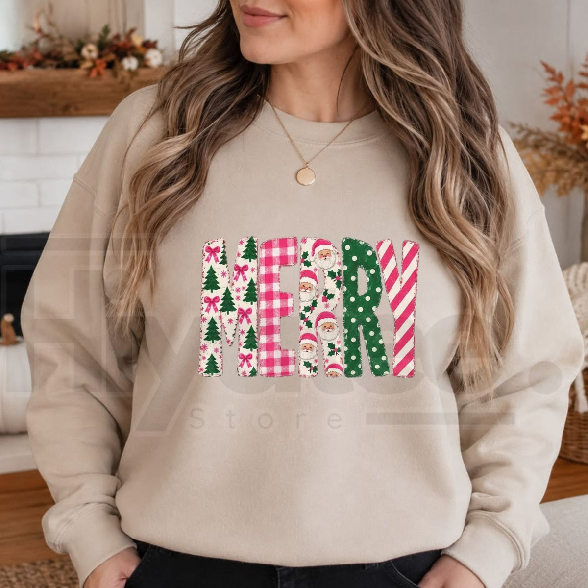 Retro Pink Merry Christmas Sweatshirt, Polka Dot Tree & Vintage Santa Graphic Pullover