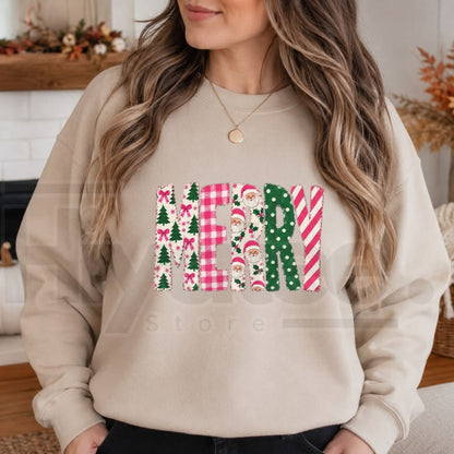 Retro Pink Merry Christmas Sweatshirt, Polka Dot Tree & Vintage Santa Graphic Pullover