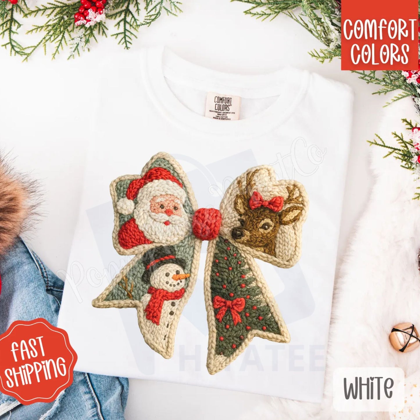 Knit Christmas Bow Shirt Comfort Colors – Trendy Women's Holiday T-shirt, Vintage Faux Knit Aesthetic Tee