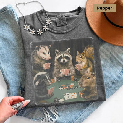 Comfort Colors Animals Playing Poker T-Shirt – Funny Meme Tee, Raccoon Opossum Capybara Graphic Shirt