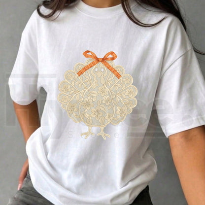 Shelbe's Espresso Lace Turkey Long Sleeve T-Shirt – Elegant Thanksgiving Holiday Graphic Top