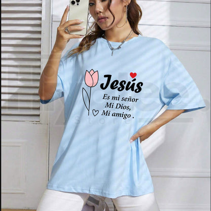 Spanish Christian Shirt Women Plus Size Jesus Floral Faith Graphic Tee