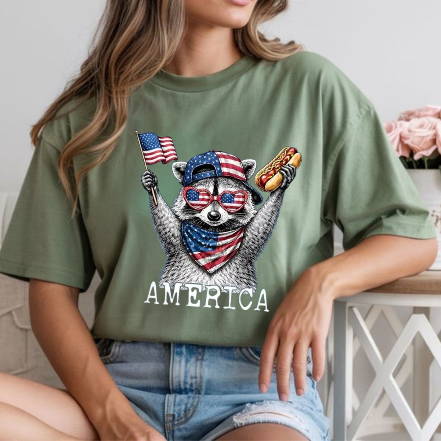 Comfort Colors America Raccoon Hot Dog Shirt – Kids and Women Retro 4th of July Patriotic Animal T-Shirt