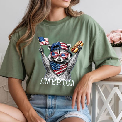 Comfort Colors America Raccoon Hot Dog Shirt – Kids and Women Retro 4th of July Patriotic Animal T-Shirt