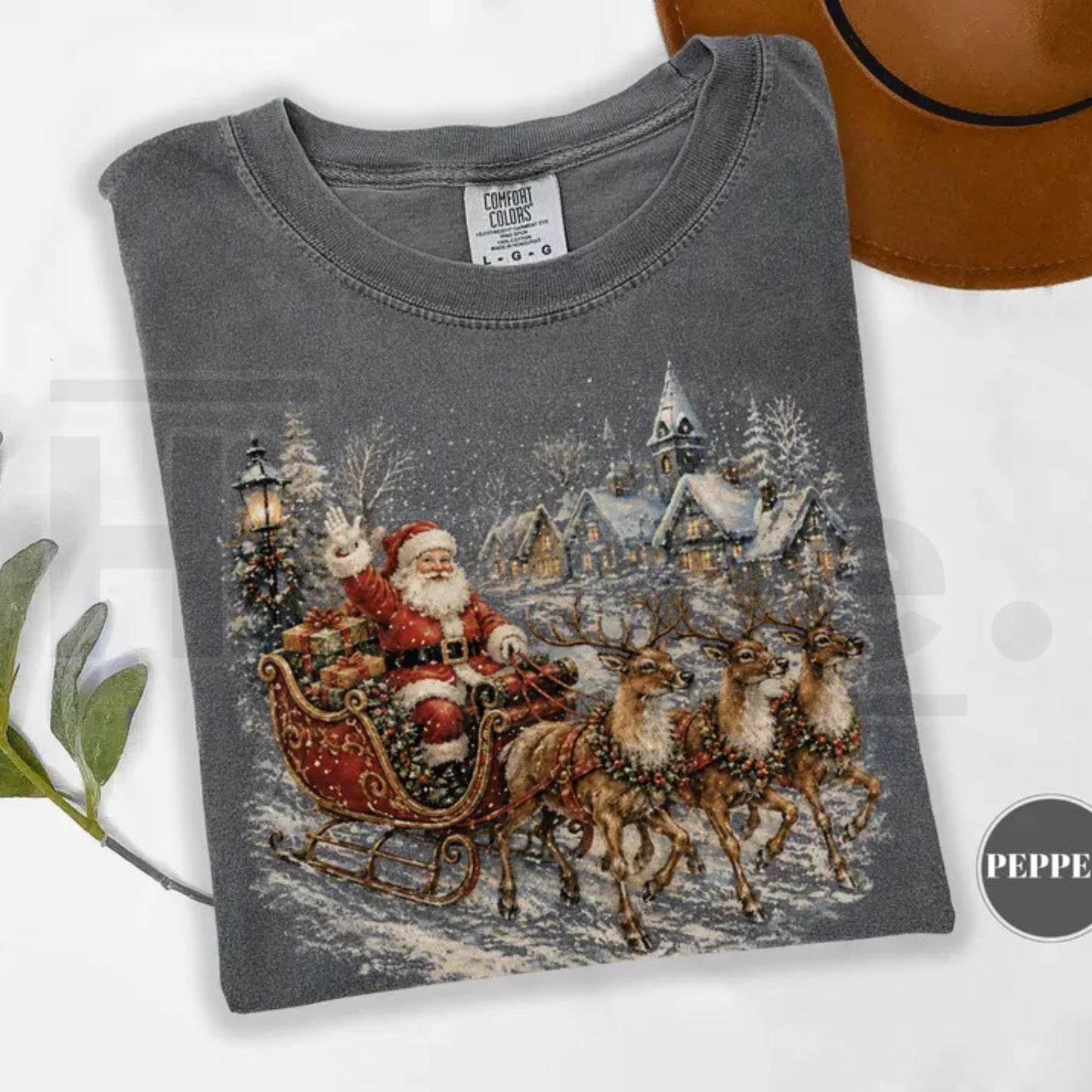 Vintage Santa Sleigh Christmas Shirt Retro Snowy Village Reindeer Tee