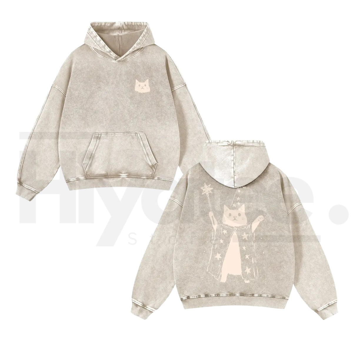 Wizard Cat Graphic Vintage Washed Hoodie – 380g Thick Cotton Blend, Oversize Unisex Pullover