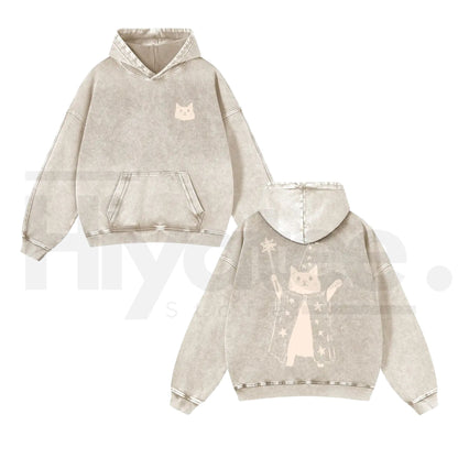 Wizard Cat Graphic Vintage Washed Hoodie – 380g Thick Cotton Blend, Oversize Unisex Pullover