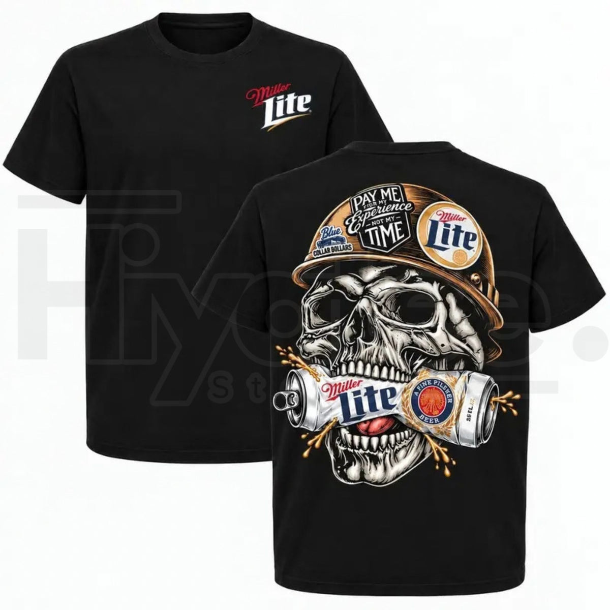 Men's Miller Lite Skull T-Shirt – Retro Blue Collar Workwear Beer Graphic Tee
