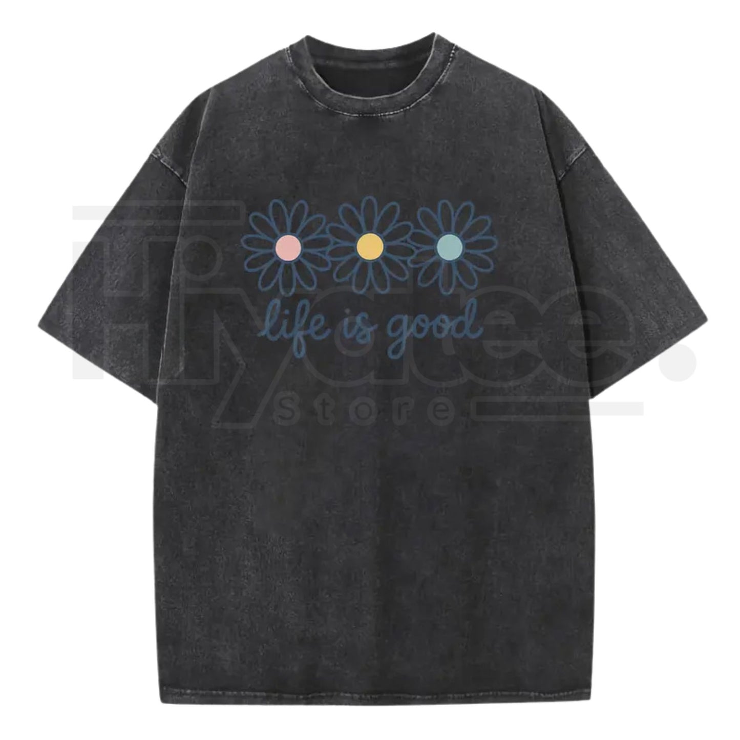 Holafish Acid Wash Daisy Print T-Shirt – Vintage Streetwear Drop Shoulder Graphic Tee